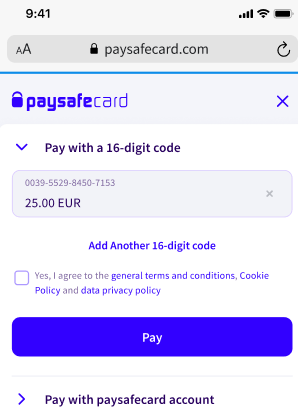 Mit einem 16-stelligen PaysafeCard Code einen Zahlungsbetrag auswählen