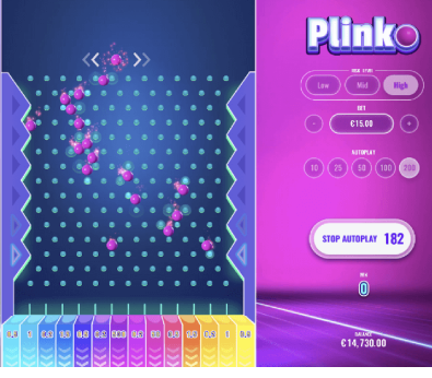 Plinko von Ela Games mit einem Trichter-Spielfeld und einem beweglichen Ball-Einwurf oberhalb des Spielfeldes