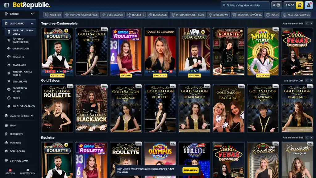 Live Casino Spiele bei BetRepublic