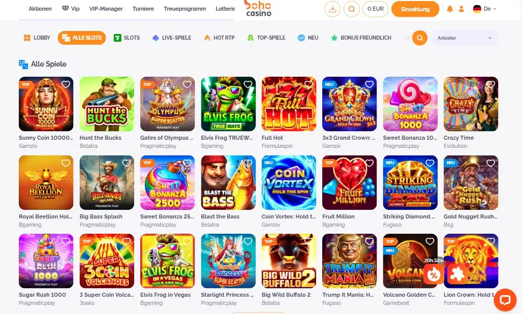 Die Spielelobby im Boho Casino