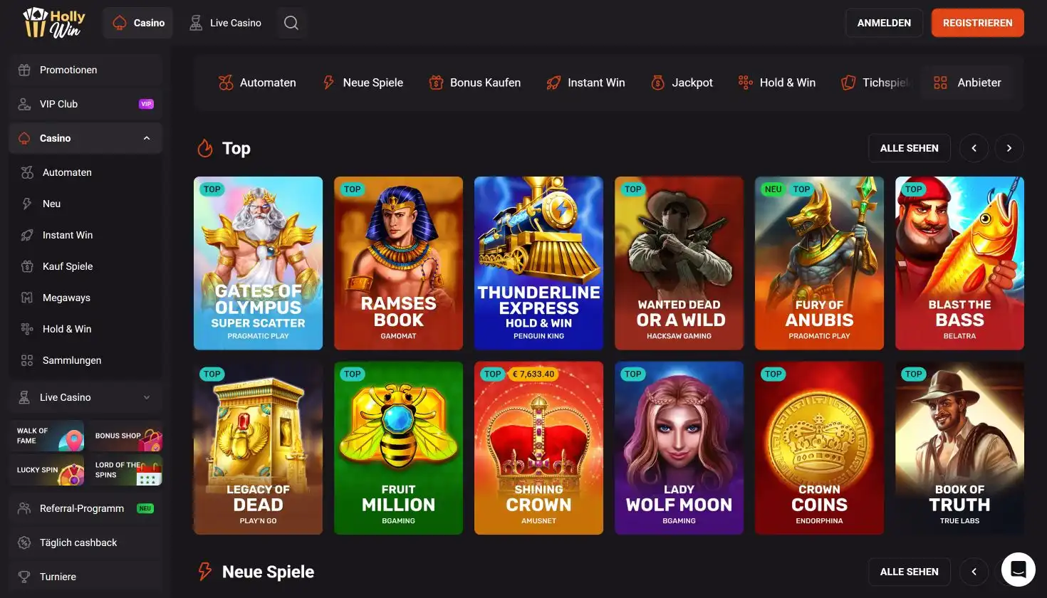 Die Spielelobby im HollyWin Casino