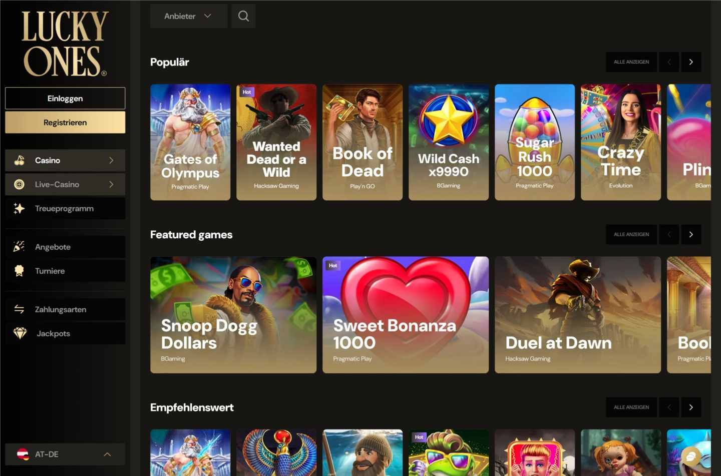 Online Spielautomaten Lobby im LuckyOnes Casino