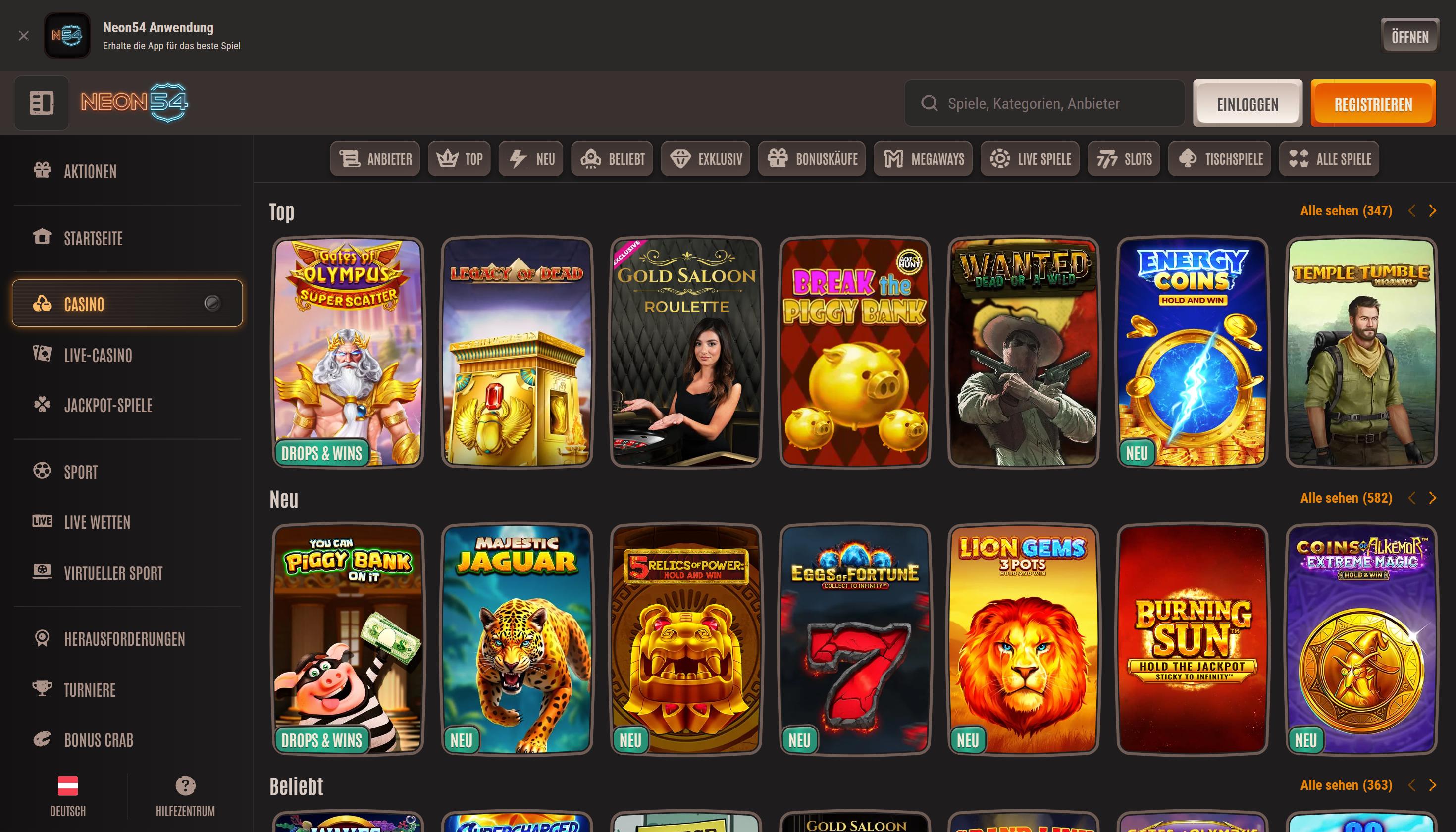 Das Spielangebot im Neon54 Casino