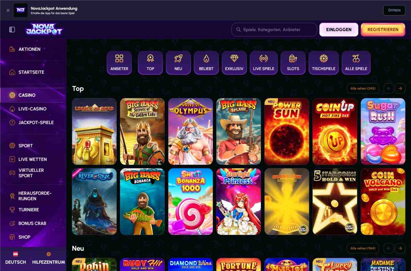 Vielfältiges Spieleangebot im NovaJackpot Online Casino