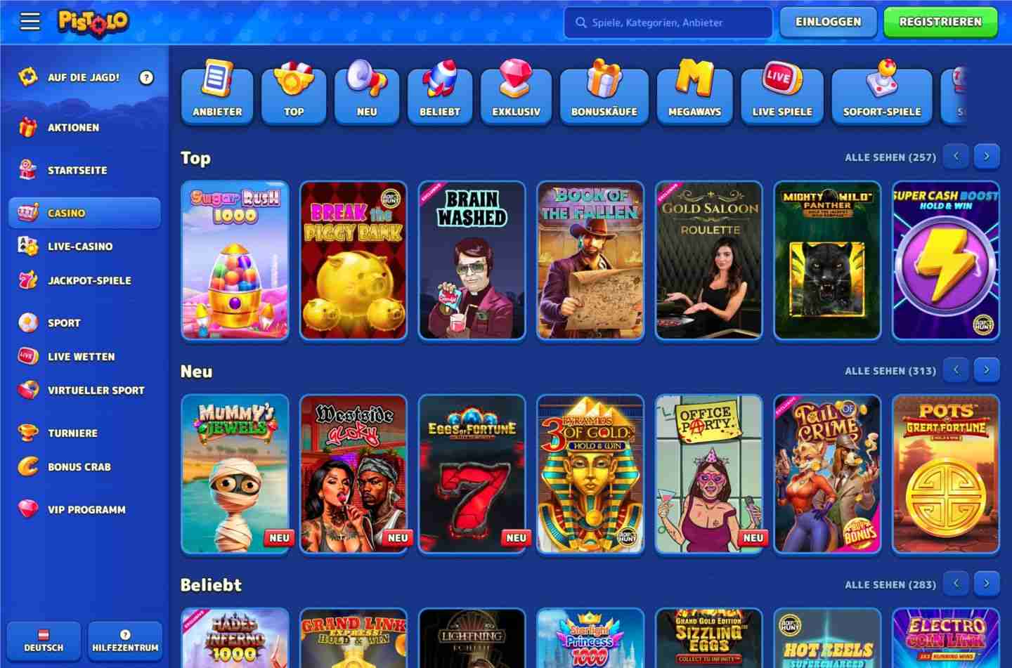 Spielautomaten Auswahl im Pistolo Online Casino