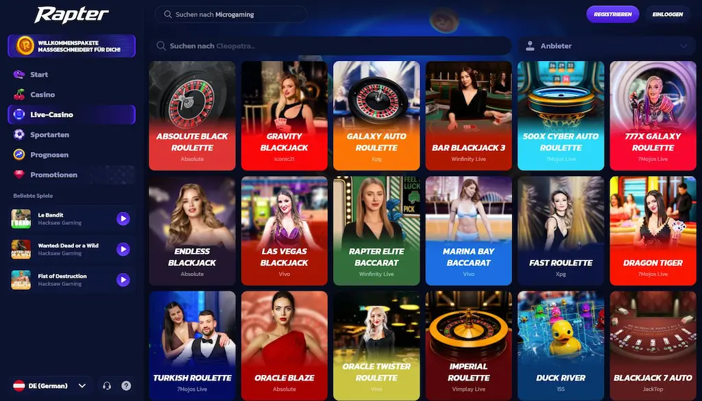 Live Casino im Rapter Casino