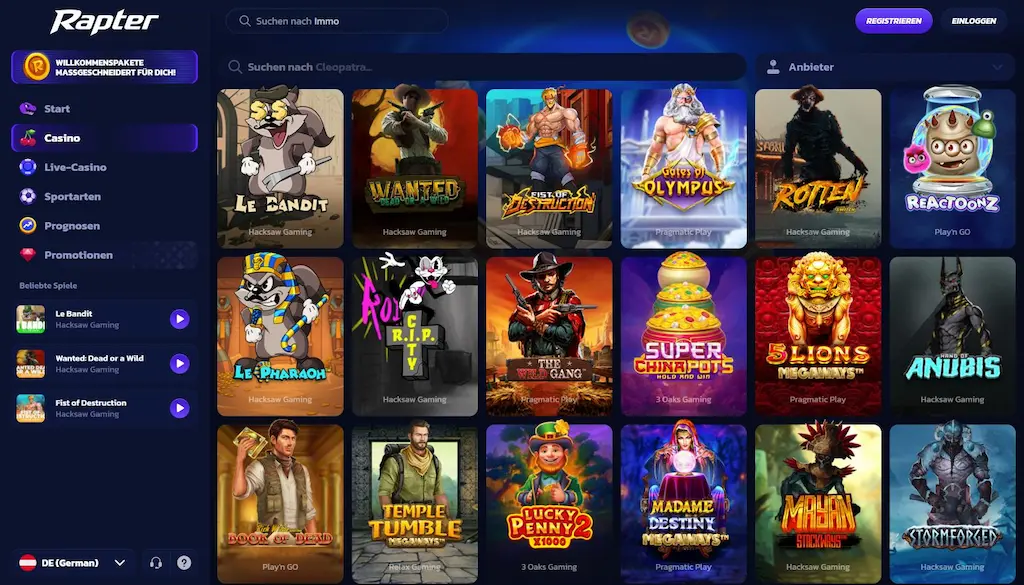 Spielauswahl im Rapter Casino