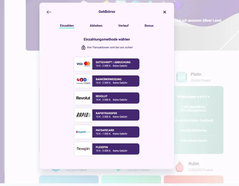 Informationen zu Einzahlungen bei Slotbox ab 10 €