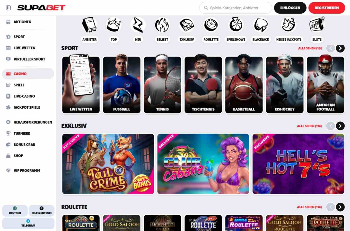 Spiele Lobby mit Slots und Tischspielen im Supabet Casino