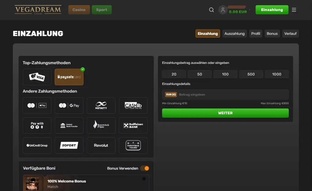 VegaDream Casino Einzahlungen ab 10 €