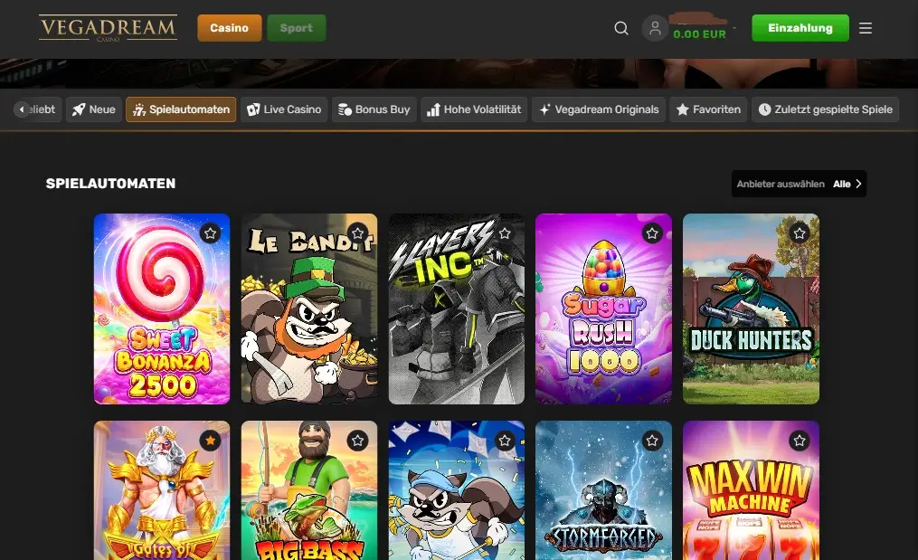 Kompakte Spielelobby von 11.500+ Games mit VegaDream Originals
